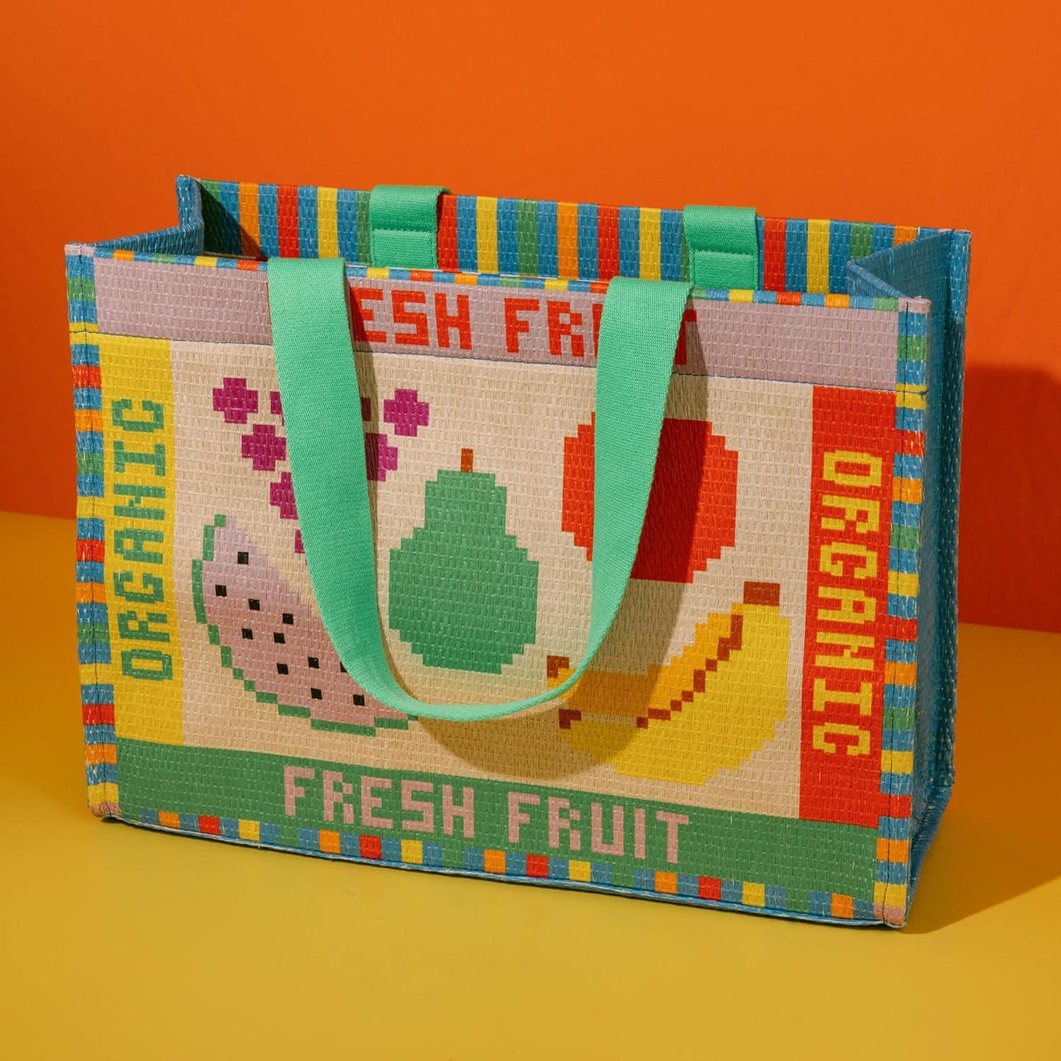 image:imagebando Rattan Market Bag with Handles for Groceries Colorful Straw PurseHandbag with Zipper Pocket for BeachPool Fruit Tiles