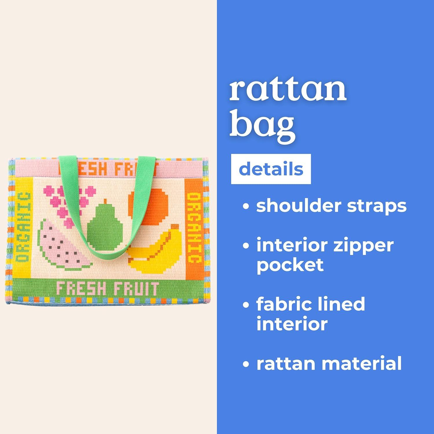 image:imagebando Rattan Market Bag with Handles for Groceries Colorful Straw PurseHandbag with Zipper Pocket for BeachPool Fruit Tiles