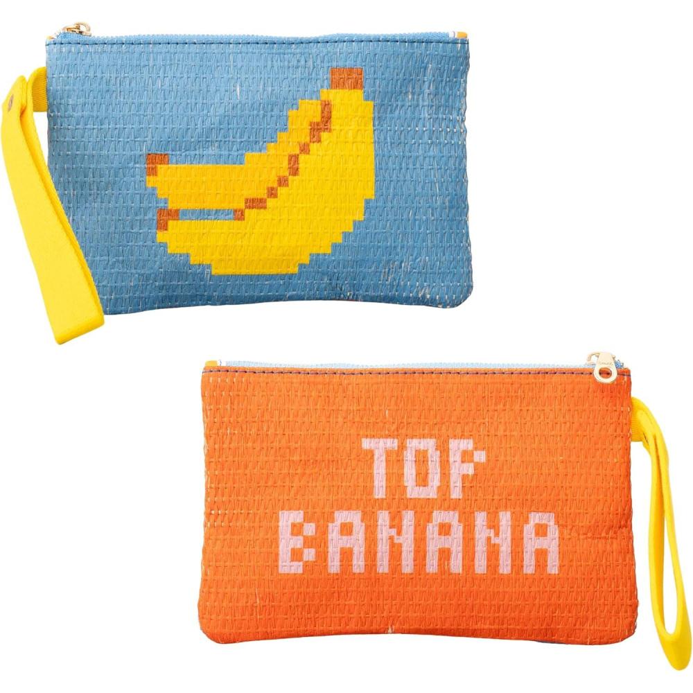 image:imagebando Banana Theme Rattan Zipper Pouch Two SidedReversible Bag for MakeupToiletriesPencils Fruit Tiles