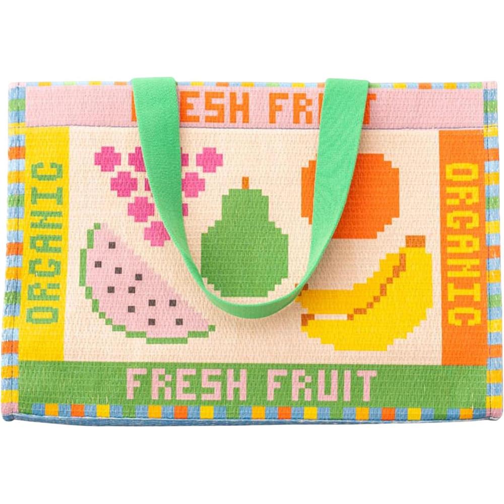 image:imagebando Rattan Market Bag with Handles for Groceries Colorful Straw PurseHandbag with Zipper Pocket for BeachPool Fruit Tiles