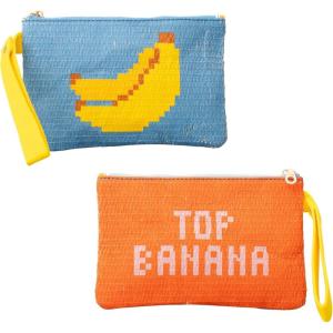 ban.do Banana Theme Rattan Zipper Pouch, Two Sided/Reversible Bag for Makeup/Toiletries/Pencils, Fruit Tiles