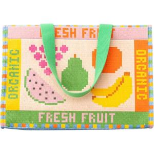 ban.do Rattan Market Bag with Handles for Groceries, Colorful Straw Purse/Handbag with Zipper Pocket for Beach/Pool, Fruit Tiles