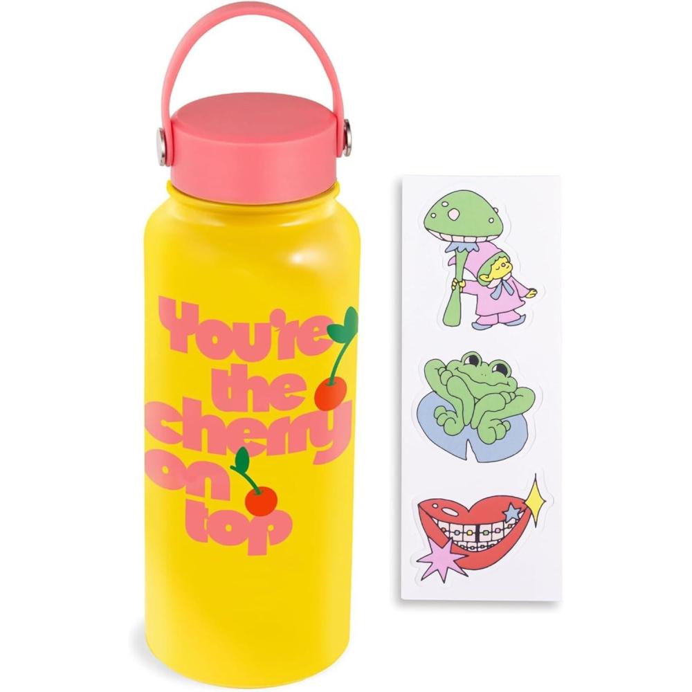 image:imagebando Large Water Bottle with Waterproof Sticker Pack Stainless Steel Double Wall Tumbler 33 Oz Insulated Metal Water Bottle with Twist on Lid and Strap Cherry on Top