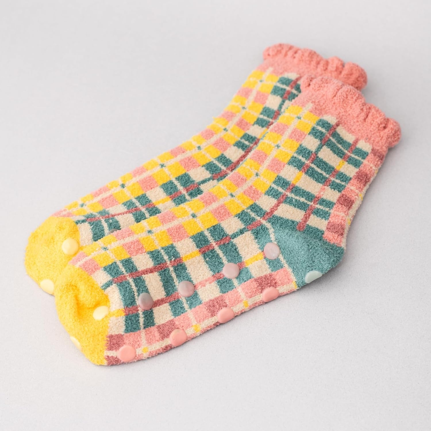 image:imagebando Non Slip Socks Fuzzy Socks for Women One Size Fits Most Crew Socks with Grippers Plaid