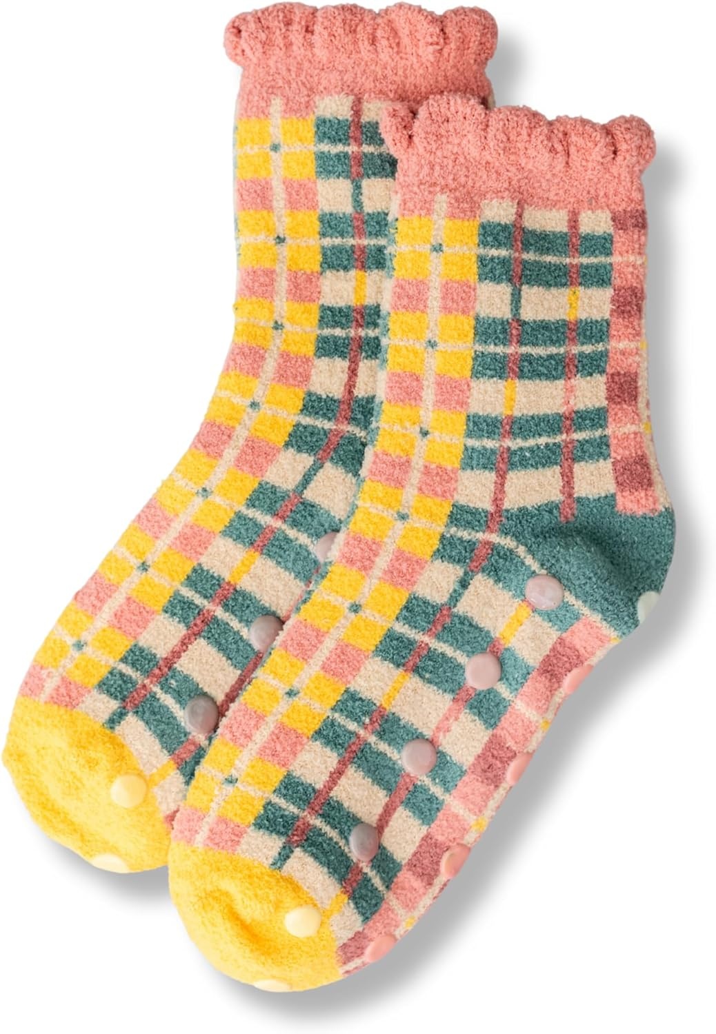 image:imagebando Non Slip Socks Fuzzy Socks for Women One Size Fits Most Crew Socks with Grippers Plaid