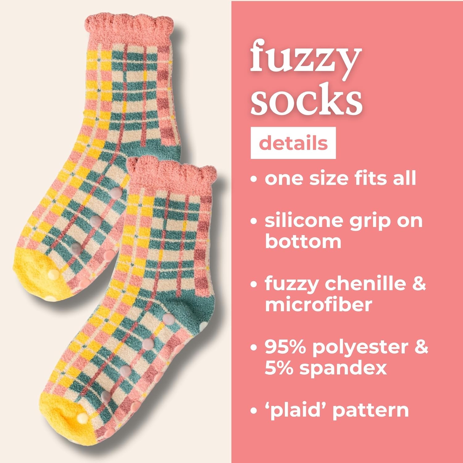 image:imagebando Non Slip Socks Fuzzy Socks for Women One Size Fits Most Crew Socks with Grippers Plaid